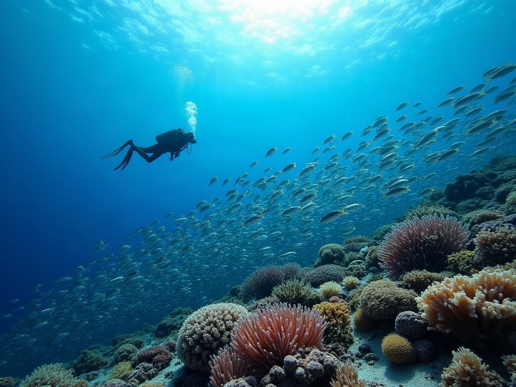 Schooling fish over a soft coral slope in the Dampier Strait of Raja Ampat