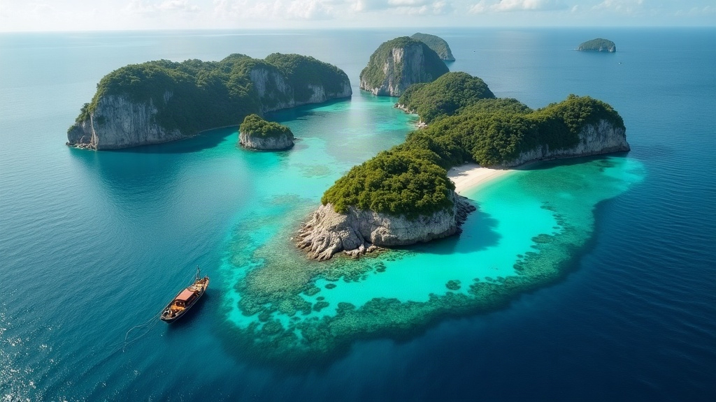 Limestone karst islets and a turquoise lagoon in southern Raja Ampat with a wooden dive boat at anchor