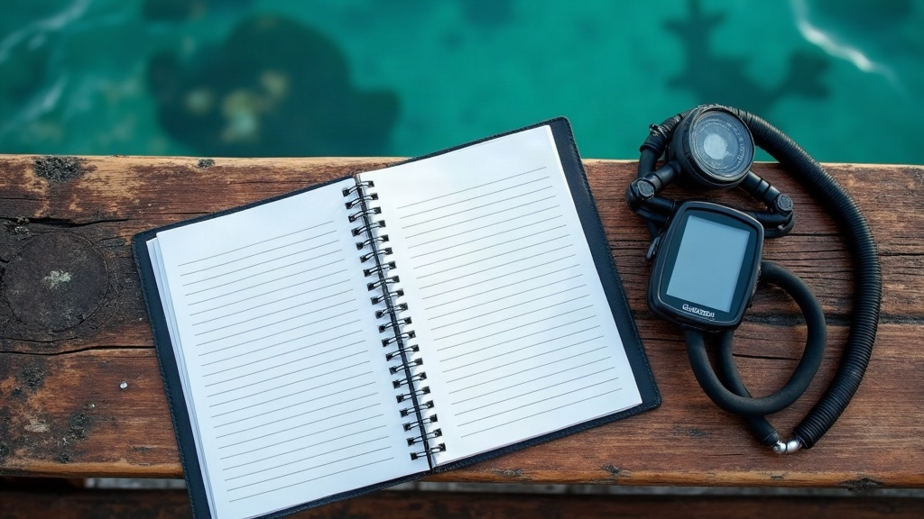 Open waterproof dive logbook, dive computer and mask on a teak boat bench with Raja Ampat water behind